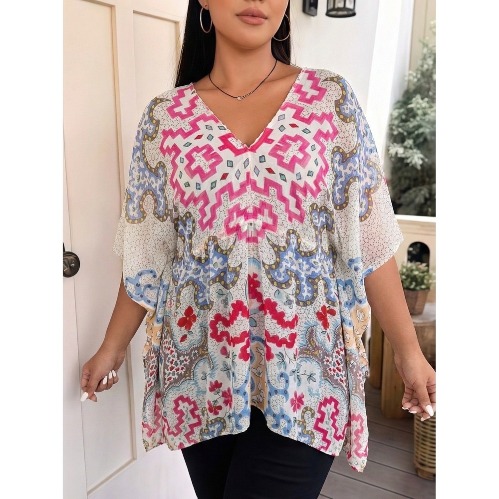Johnny Was Cupra Rayon Kaftan Tunic Top 2X Boho Geometric Floral Multi Excellent